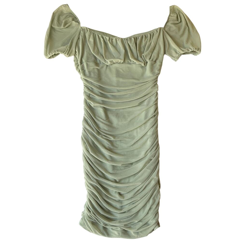 NAANAA Women Dress US 2 Green Sage Mini Abbie Bodycon Ruched Short Puff Sleeve